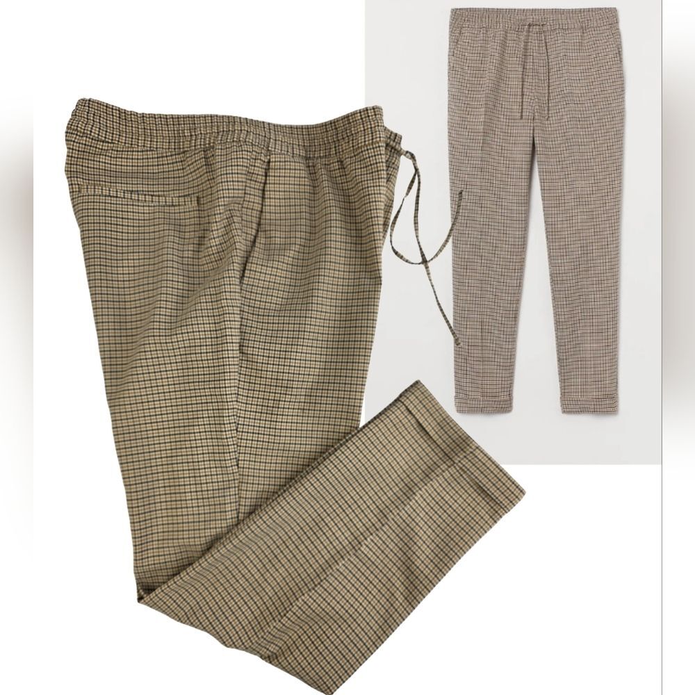 H&M Drawstring Slim Cuffed Pants Tan Beige Herringbone Sz L Office Preppy 2324-O